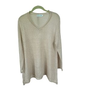 Lulu-B Sz L Asymmetrical Hem Knit Sparkly Summer Sweater Top 3/4 Sleeves Beige